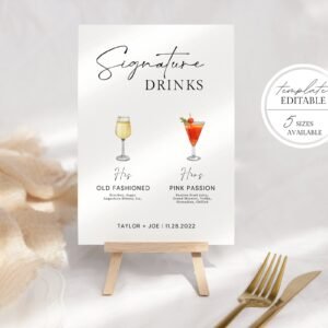 Signature drinks sign template | signature cocktail sign | minimalist wedding bar menu poster | his + hers bar sign | editable menu template