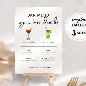 Bar menu template,his and hers drinks,signature drinks,signature cocktail,cocktail sign,wedding sign,bridal shower sign,cocktail poster