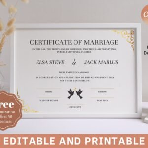 Marriage Certificate Template ,Marriage License,Elegant Certificate,Printable Certificat,Wedding Vow Keepsake,Certificate Marriage