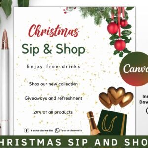 Christmas sip and shop flyer, social media flyer, christmas invitation, holiday invitation, holiday sale flyer, christmas flyer