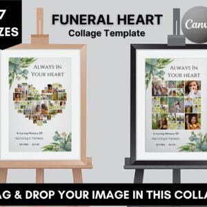Greenery funeral photo collage for men or woman, funeral heart collage templates, heart photo collage template,celebration of life