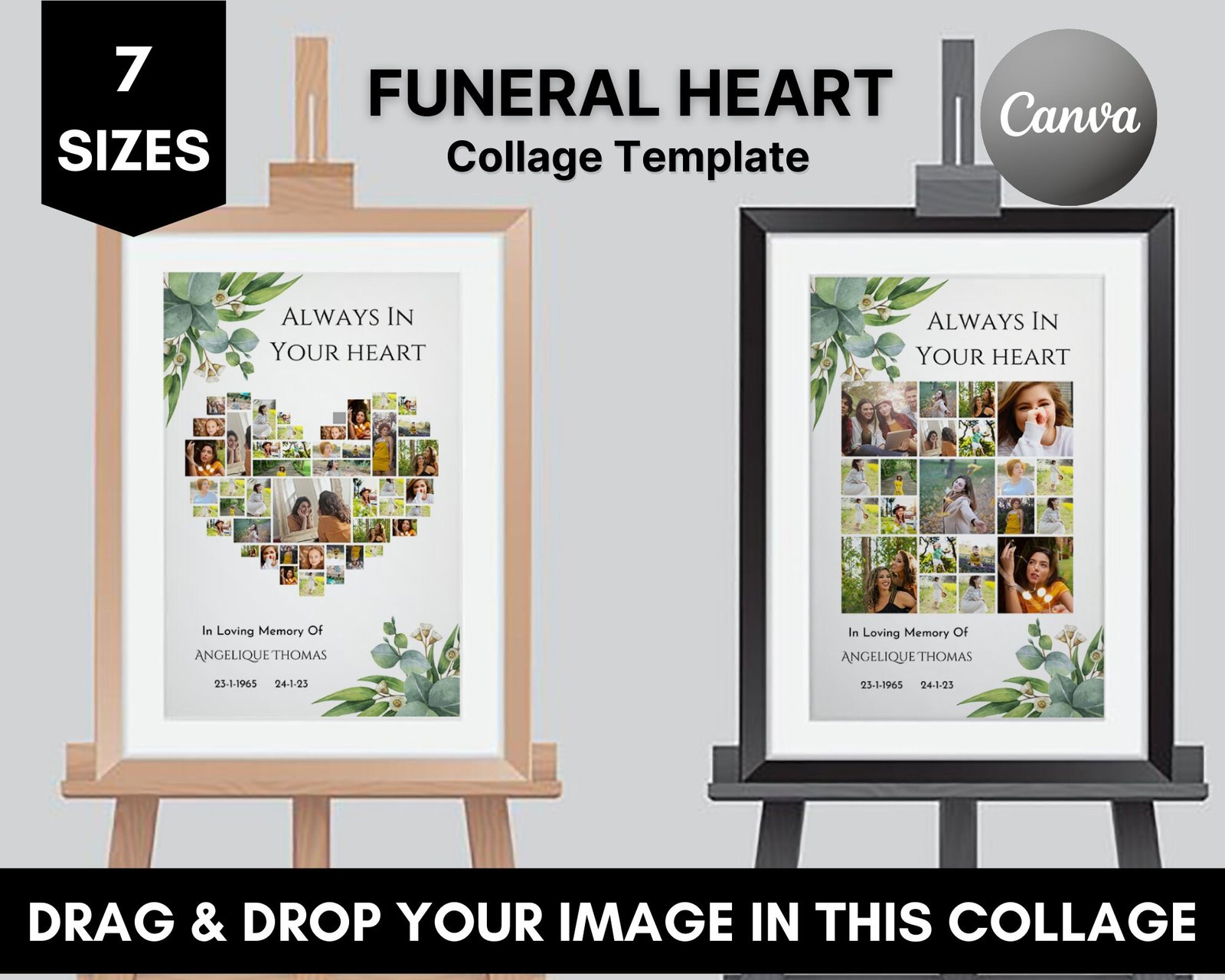 Greenery funeral photo collage for men or woman, funeral heart collage templates, heart photo collage template,celebration of life