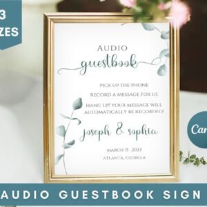 Audio guestbook sign template, modern minimalist wedding sign, phone message guest book, pick up the phone, leave a message, editable