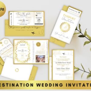 Gold Passport Wedding Invitation Template, Luggage Tag Save The Date Tag, Destination Wedding, Travel Theme Wedding, Plane Ticket Invite