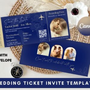Gold and royal blue save the date ticket photo, wedding invite, custom boarding pass, wedding invitation, ticket wedding, save the date card