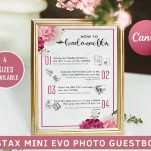 Instax mini evo photo guestbook, instax mini evo camera instructions sign, how to load a film, how to take a photo