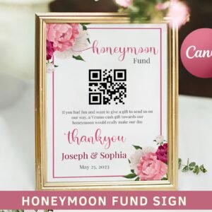 Honeymoon fund qr code, honeymoon fund qr code sign, wedding qr code sign, wishing well wedding sign, editable template, instant download