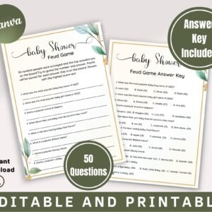 Editable baby shower feud, baby shower activity, family feud party game,greenery and gold, gender neutral printable baby shower game