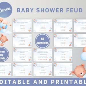 Blue baby shower friendly feud game, printable baby shower game baby family feud party game, baby shower group game, mother to be party game