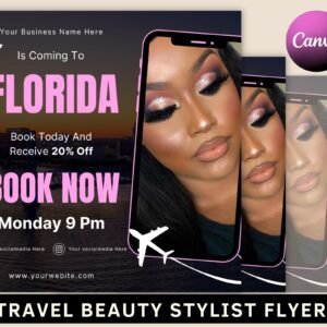 Travel beauty stylist flyer, traveling business flyer, diy book now appointments, traveling hairstylist, editable canva template