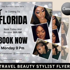 Travel beauty stylist flyer, diy book now appointments available flyer, mua hair lash nails makeup instagram, editable canva template