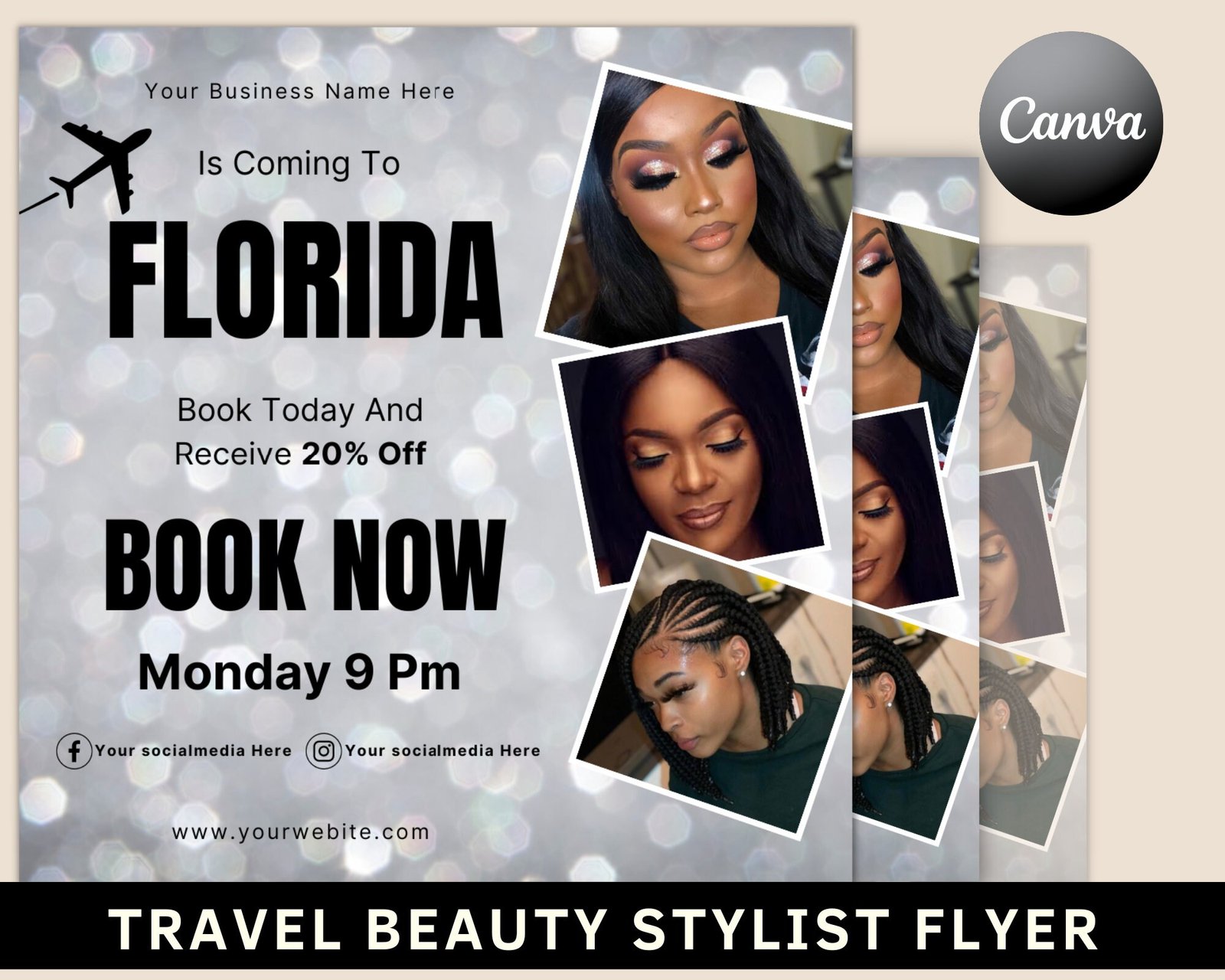 Travel beauty stylist flyer, diy book now appointments available flyer, mua hair lash nails makeup instagram, editable canva template
