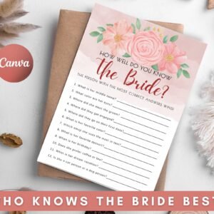Who knows the bride the most game, how well do you know the bride, questions about the bride bridal shower game , bachelorette party game