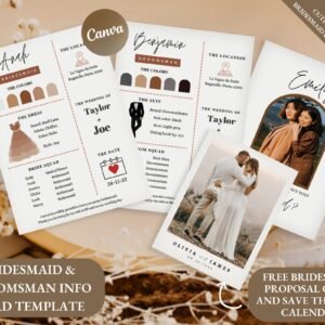 Editable bridesmaid info card template with canva, bridesmaid groomsman template, customizable bridal party info, bridesmaid proposal card