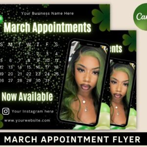 March Appointment flyer, March Booking Flyer, March Sale Flyer, Book Now Flyer, St. Patricks Day Flyer, Hair, Nail, Makeup, Lashes Flyer