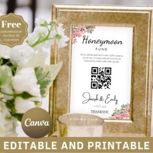 Honeymoon fund sign, venmo honeymoon wish, wedding cash gift, minimalist, editable template, instant download, template 5" x 7"in