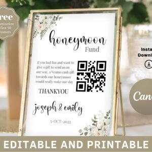 Honeymoon fund sign, venmo honeymoon wish, wedding cash gift, minimalist, editable template, instant download, template 5" x 7"in