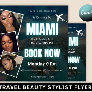 Travel beauty stylist flyer, traveling business flyer, diy book now appointments, traveling hairstylist, editable canva template