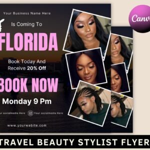 Travel beauty stylist flyer, diy book now appointments available flyer, mua hair lash nails makeup instagram, editable canva template