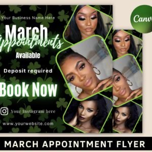 March booking flyer, march sale flyer, march appointment flyer, book now flyer, st. patricks day flyer, hair, nail, makeup, lashes flyer