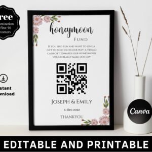 Honeymoon Fund Sign, Venmo Honeymoon Wish, Wedding Cash Gift, Minimalist, Editable Template, Instant Download, Template 5" x 7"in