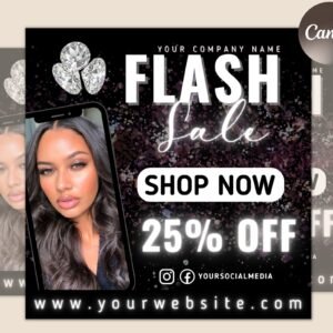 New Arrival Shop Now Hair Bundles Lash Tech Makeup Nail Boutique Social Media Editable DIY Canva Template, Flash Sale Flyer Template