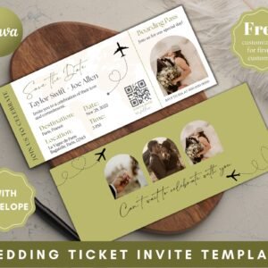 Olive green save the date ticket with photo, wedding invite, custom boarding pass, wedding invitation, ticket wedding, save the date card