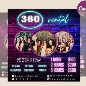 360 photo booth rental flyer | diy event photography rental party celebration photobooth social media instagram editable canva template