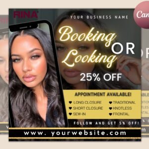 Booking Or Looking Appointment Flyer | DIY Book Now Available | Social Media Instagram | Hair Lashes Nails Wigs Makeup | Canva Template