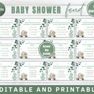 Green baby shower friendly feud game,printable baby shower game baby family feud party game,baby shower group game,mother to be party game