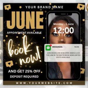 June booking flyer, diy summer flyer, appointment available flyer, book now flyer, hair lashes wigs makeup nails social media canva template