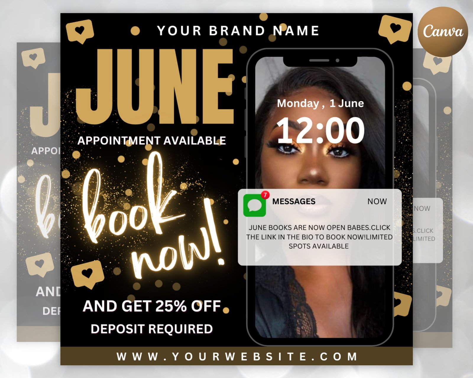 June booking flyer, diy summer flyer, appointment available flyer, book now flyer, hair lashes wigs makeup nails social media canva template