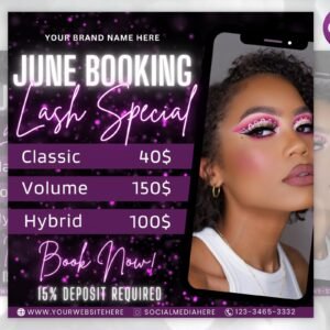 June booking flyer, june lash special flyer, lash sale flyer, summer sale flyer, diy summer flyer, social media flyer, canva flyer template