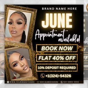 June booking flyer, diy summer flyer, appointment available flyer, book now flyer, hair lashes wigs makeup nails social media canva template