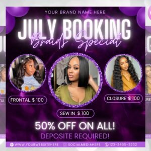 July Booking Flyer, Hair Braiding / Knotless Braids Flyer, DIY Summer Flyer, Summer Sale Flyer, Social Media Flyer, Canva Flyer Template