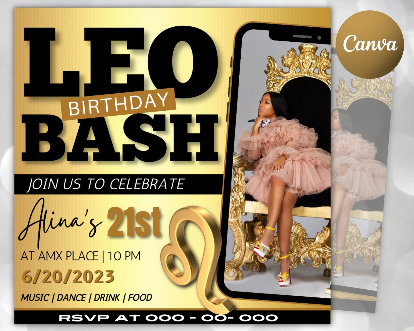Leo Birthday Flyer, Birthday Template, Birthday Girl, Party Flyer, Celebration Flyer, Birthday Event, Birthday Invite, Canva Flyer Template