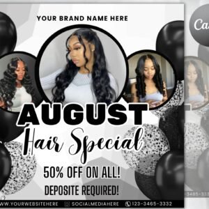August bookings flyer, august bookings available, hair special flyer, august appointment flyer, august calendar flyer, makeup, booking flyer