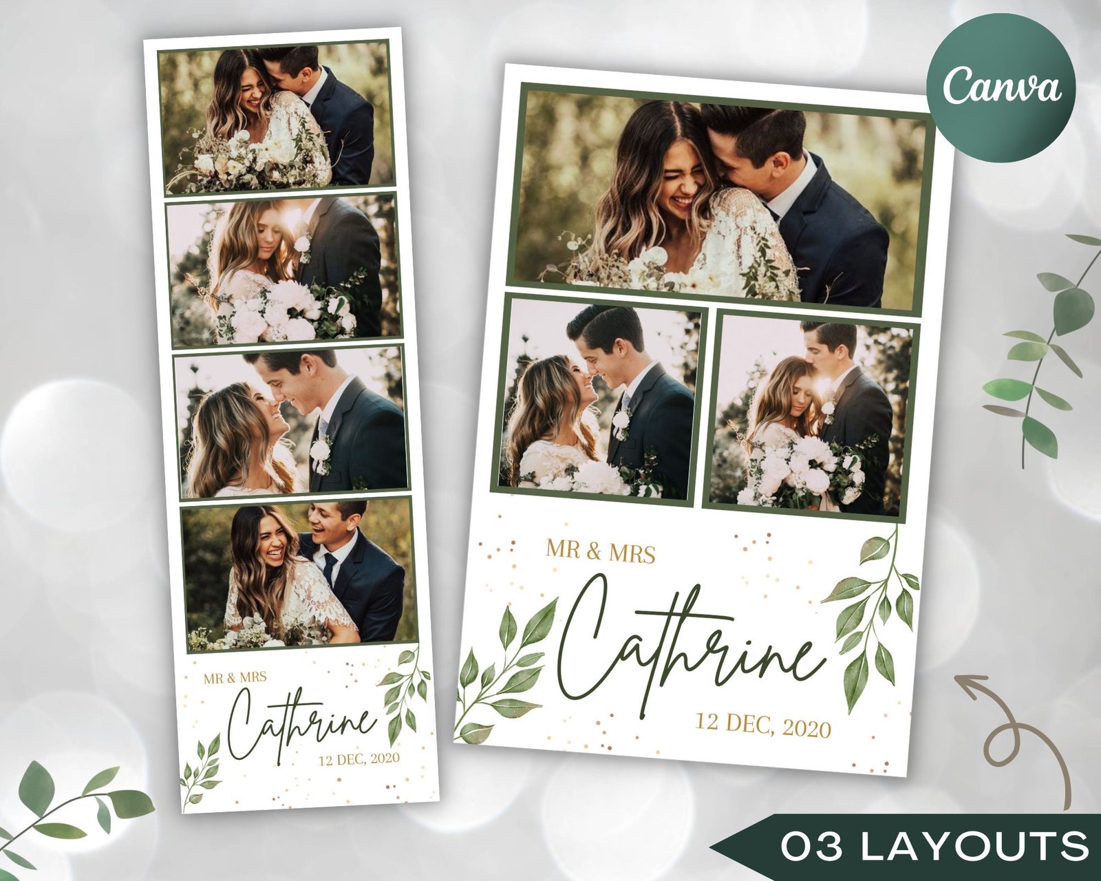 Wedding photobooth template 2x6 4x6 6x4 with green tiny leaves wedding photo booth template with 3 sizes, wedding photo booth canva template
