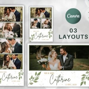 Wedding Photobooth template 2x6 4x6 6x4 With Green Tiny Leaves Wedding Photo Booth Template With 3 Sizes, Wedding Photo Booth Canva Template