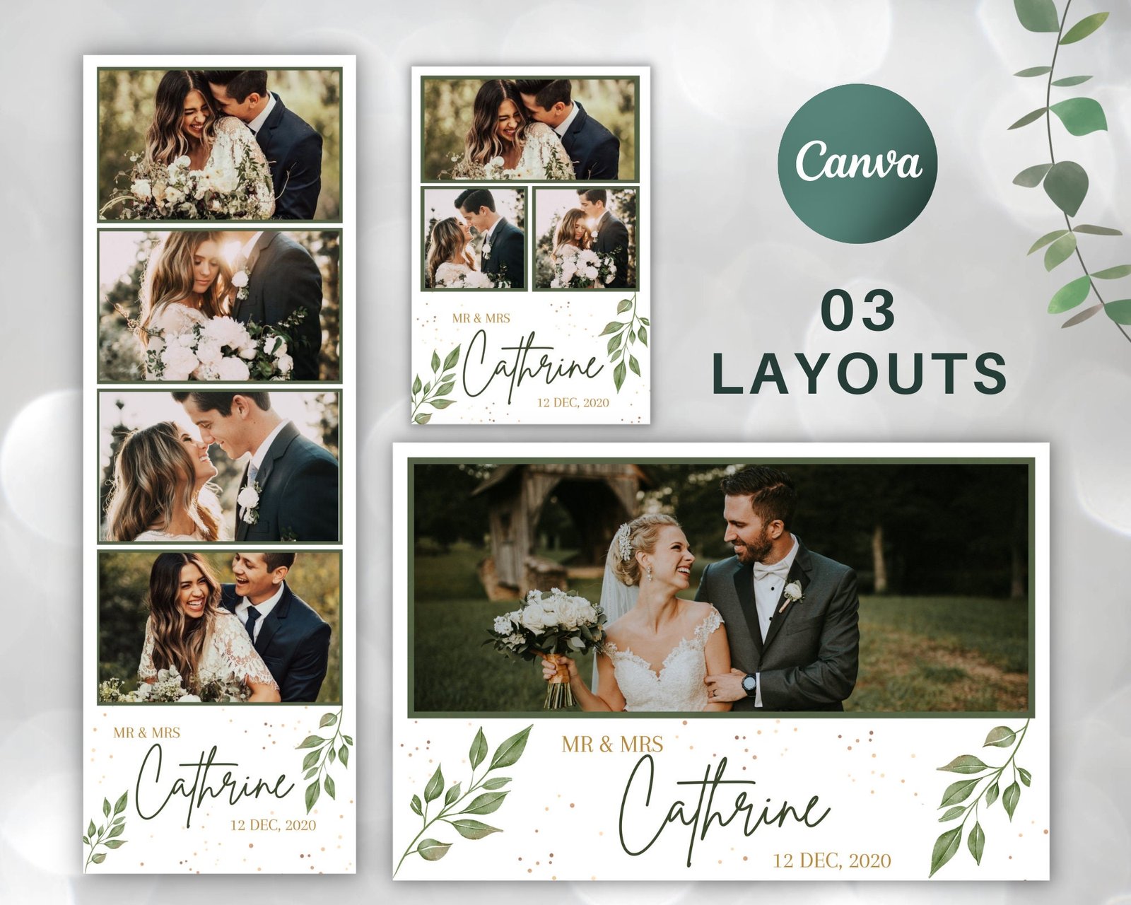 Wedding Photobooth template 2x6 4x6 6x4 With Green Tiny Leaves Wedding Photo Booth Template With 3 Sizes, Wedding Photo Booth Canva Template