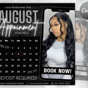 August bookings flyer, august bookings available, august appointment flyer, august calendar flyer, hair, nails, makeup, lashes, braids, wig