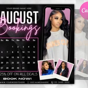 August Bookings Flyer, August Bookings Available, August Appointment Flyer, August Calendar Flyer, Hair, Nails, Makeup, Lashes, Braids, Wig