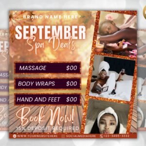 Editable september booking flyer, fall spa deals available, spa flyer, appointment flyer, social media flyer, book now flyer