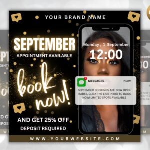 Editable september booking flyer, diy hair lash makeup nail appointments available flyer template, social media flyer, book now flyer