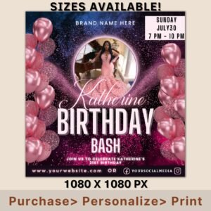 Birthday flyer, birthday flyer girl, custom editable templates, happy birthday flyer, birthday party invitation, birthday girl invitation