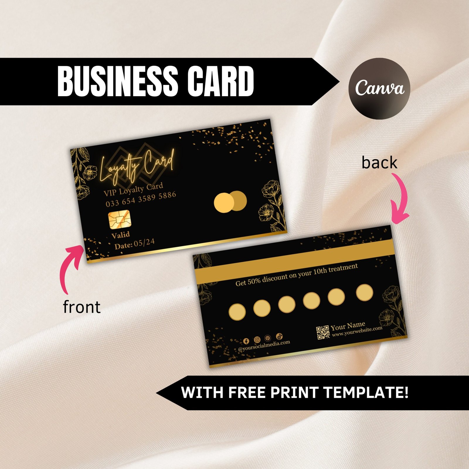 Loyalty business card, black and gold business card, loyalty card, business card template qr code, beauty business card, canva template