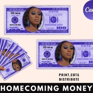 Homecoming campaign money, editable fake money, prom queen, homecoming 100 bill, blue money vote for me, election, campaign, print and cut