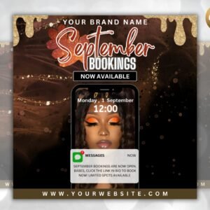 Editable september booking flyer, fall bookings available, appointment flyer, book now flyer, hair, nails, makeup lashes braids wigs