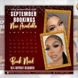 September book now flyer, editable calendar flyer, diy hair lash makeup nail book now flyer, social media flyer, booking flyer