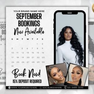 September Booking Flyer, Calendar Flyer, DIY Hair Lash Makeup Nail Appointments Available Flyer Template, Social Media Flyer, Book Now Flyer